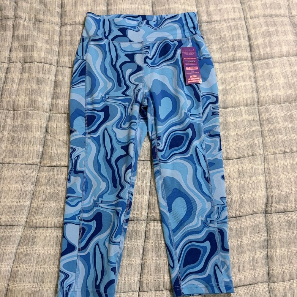 Pop Fit Athletic Leggings Swirl Marble Womens L Blue Yoga Workout Gym Sports NWT